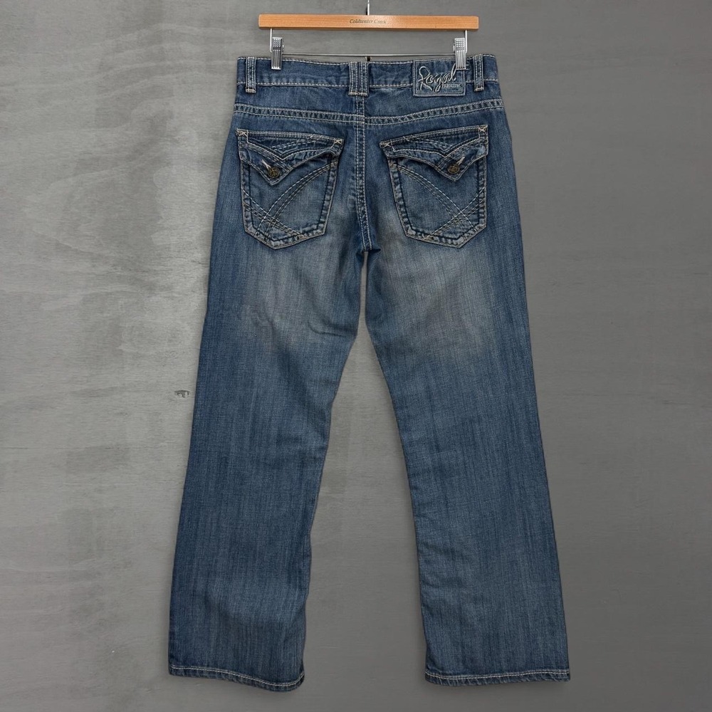 Y2K Royal Premium Jeans Blue Straight Leg Contrast Stitch Flap Pocket 31 x 30
